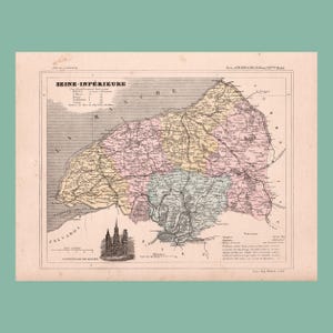 May include: Antique map of Seine-Inférieure, France, featuring a detailed depiction of the region with roads, towns, and geographical features. The map is colored in pastel hues and includes a small illustration of a cathedral. The title "SEINE-INFÉRIEURE" is prominently displayed.