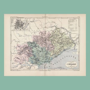 May include: Vintage map of L'Herault, France, with intricate details and varied colours. A smaller inset plan of Montpellier is included. The text features "MER MEDITERRANEE" and "DEPARTEMENT DE L'HERAULT".