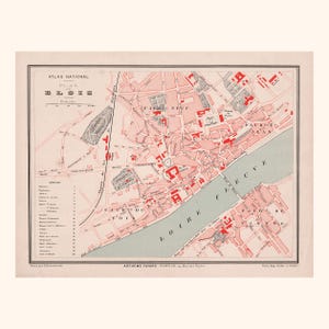 Ancien plan de Blois (1896) / Gravure originale / Pièce authentique / 31 x 23,2 cm