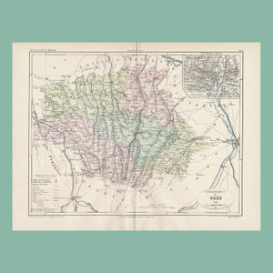 Antike Karte der Region Gers (1882) / Originale Stahlstich / Authentisches Vintage-Stück / 37 cm x 28 cm
