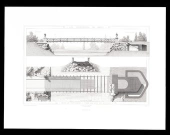 Antique Architectural Print 1867 – Bois de Vincennes Bridge, Île de Reuilly – Original Steel Engraving
