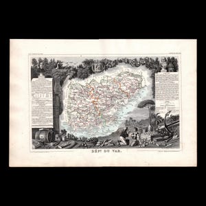 Könnte beinhalten: Eine antike schwarz-weiße Landkarte mit dem Titel DÉP DU VAR, die eine detaillierte geografische Darstellung des französischen Departements Var zeigt, umgeben von illustrativen Vignetten lokaler Industrie, Landwirtschaft und historischer Persönlichkeiten.