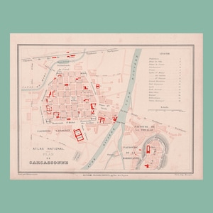 Ancien plan de Carcassonne (1880) / Carte ancienne authentique / 31 cm x 23,2 cm