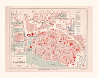 Old city map of Antwerp – Steel engraving – 1877 – La Brugere