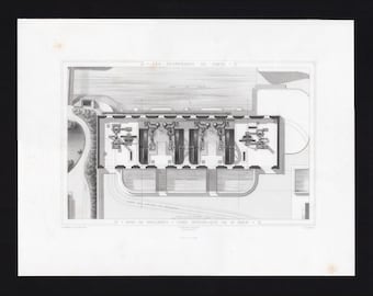 1867 Paris Architecture Print Antique Hydraulic Plant Saint Maur Vincennes Haussmann Steel Engraving Machinery Large Wall Art Frame