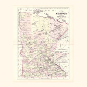 Antique Map of Minnesota (1896 Vintage Steel Engraving) / Ancienne carte du Minnesota (1896)