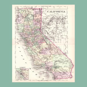 Carte ancienne de la Californie (1896) / Gravure originale / Pièce authentique /  31,75 cm x 25,4 cm