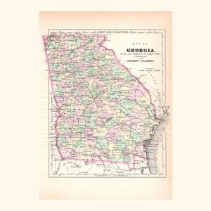 Antique Map of Georgia (1896 Vintage Steel Engraving) / Ancienne carte de la Géographie (1896)