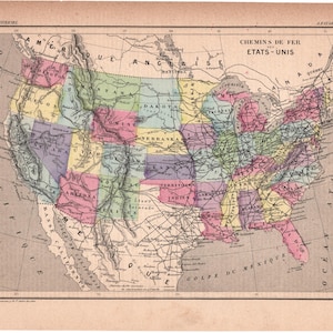 Ancienne carte des Etats-Unis (1877) / Pièce authentique / 31 cm x 23,2 cm