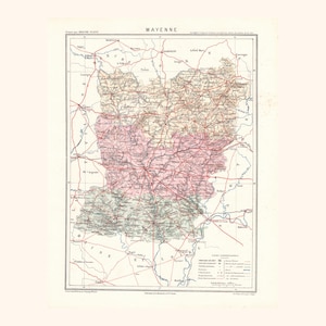 Carte ancienne de la Mayenne (1870) Gravure historique par Adolphe Joanne