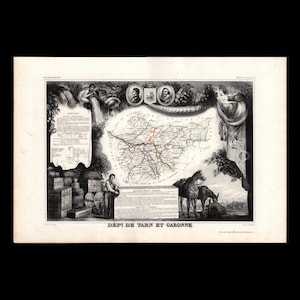 Puede incluir: Un mapa histórico en blanco y negro titulado DÉP: DE TARN ET GARONNE, que presenta un mapa central de la región rodeado de figuras alegóricas, retratos, bloques de texto, cajas apiladas, barriles y un caballo y un burro.