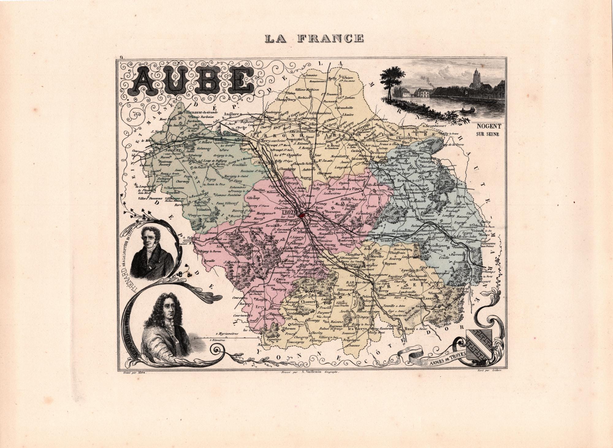 Ancienne Carte De France Buffon 1780 - Langres, Troyes, Sens, Dijon - Gravure Originale Fait Main