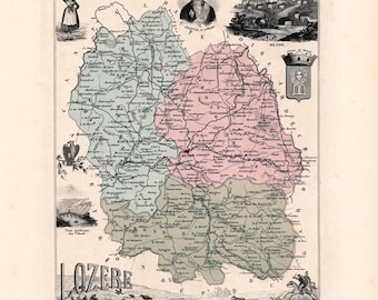 Old map of Lozère – Migeon Atlas 1882 – 19th-century decorative engraving – Mende, Marvejols, Florac, Saint-Chély-d’Apcher