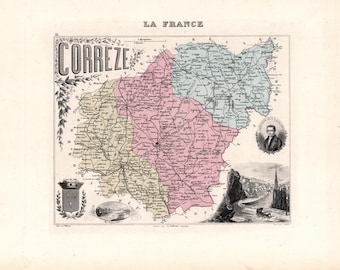 Old map of Corrèze – Migeon Atlas 1872 – 19th-century decorative engraving – Tulle, Brive-la-Gaillarde, Ussel, Argentat