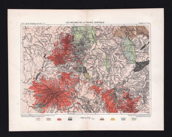 Antique Map Auvergne c. 1877 – Volcanoes of the Massif Central – Reclus & Vuillemin – Colored Engraving