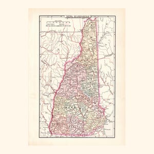 Antique Map of New Hampshire (1896 Vintage Steel Engraving) / Ancienne carte du New Hampshire (1896)