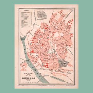 Ancien plan de Béziers (1880) / Pièce authentique / 31 cm x 23,2 cm