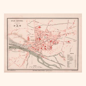 Ancien plan de Pau (1880) / Pièce authentique / 31 cm x 23,2 cm