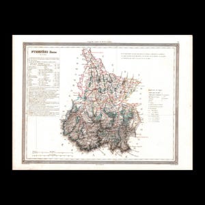 Antike Karte der Hautes-Pyrénées – Dufour & Duvotenay (1843) – Stahlstich aus dem 19. Jahrhundert mit zusätzlichen Highlights – Tarbes, Bagnères, Argelès
