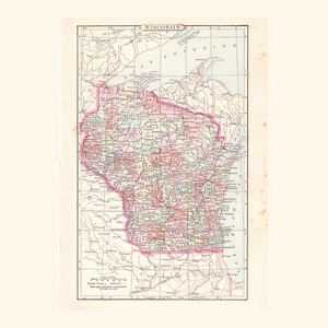 Antique Map of Wisconsin (1896 Vintage Steel Engraving) / Ancienne carte du Wisconsin (1896)