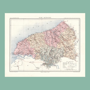 May include: Antique map of Seine-Inférieure, France, featuring detailed cartography in shades of pink, beige, and blue. The map includes text in French, with a grid overlay and coastal details. The map is framed in a white border.