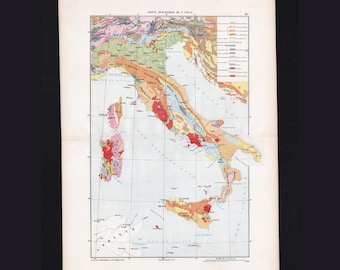Antique Italy Geology Map 19th Century Marga 1881 – Original Color Lithograph Sicily Corsica