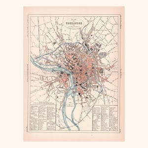 Old map of Toulouse (ca 1880) / Authentic old map / 37 cm x 28 cm