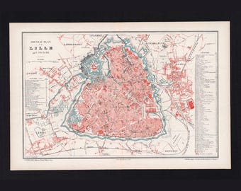 1896 Antique Lille Map France Original Steel Engraving F. de la Brugère - Vintage French City Plan Wall Art