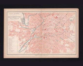 Antique Map Manchester 1877 City Plan by de la Brugere – Original 19th Century Steel Engraving Hausermann