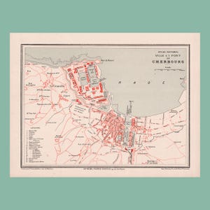 Ancien plan de Cherbourg (1880) / Pièce authentique / 31 cm x 23,2 cm