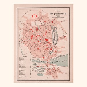 Ancien plan de Saint-Quentin (1880) / Gravure ancienne authentique / 31 cm x 23,2 cm