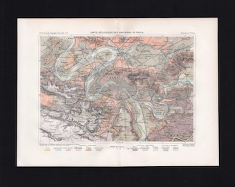 Antique Map Paris c. 1877 – Geological Map of the Surroundings – Reclus & Vuillemin – Hand-Colored Engraving