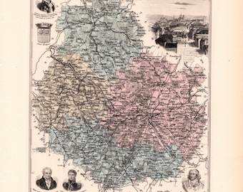 Old map of the Côte-d’Or – Migeon Atlas 1897 – 19th-century decorative engraving – Dijon, Beaune, Châtillon, Montbard