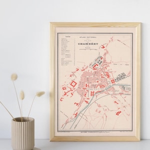 Ancien plan de Chambéry (1880) / Gravure ancienne authentique / 31 cm x 23,2 cm