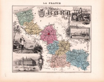 Old map of the North – Migeon Atlas 1882 – 19th-century decorative engraving – Lille, Dunkirk, Valenciennes, Cambrai