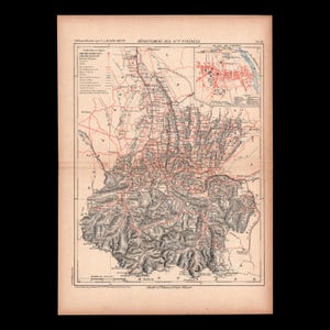 Könnte beinhalten: Eine antike Landkarte mit dem Titel DÉPARTEMENT DES HAUTES PYRÉNÉES von V.A. MALTE-BRUN, mit detaillierter topografischer Schattierung, roten Grenzlinien und einer kleinen Karte von Tarbes. Der Druck enthält Legende und Maßstab.