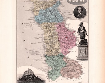 Old map of the English Channel – Migeon Atlas 1882 – 19th-century decorative engraving – Saint-Lô, Cherbourg, Coutances, Avranches