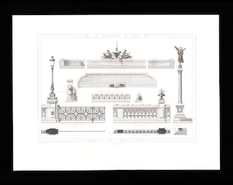 1867 Paris Architecture Print Antique Arts et Metiers French Haussmann Steel Engraving Lamp Post Gate Detail Large Wall Art Frame