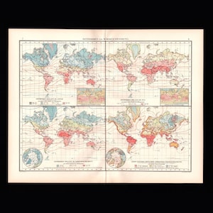 May include: A vintage educational map titled ISOTHERMEN UND WÄRMESCHWANKUNG featuring four distinct world maps displaying air temperature isotherms in shades of blue, yellow, and red, with grid lines, polar projections, and German text labels.