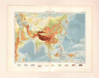 Antique Map – Relief of Asia – Élisée Reclus – 19th C Original Engraving – Physical & Bathymetric Map