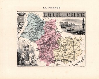 Old map of Loir-et-Cher – Migeon Atlas 1872 – 19th-century decorative engraving – Blois, Vendôme, Romorantin, Mondoubleau