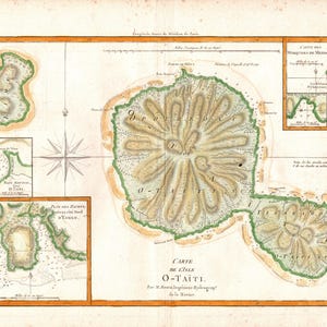 Old Map of Tahiti (circa 1780) – Copper Engraving, Hand-Colored / Original Circa 1780 Tahiti Map – Copper Engraving, Hand-Colored