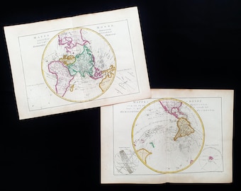 Lot de 2 anciennes mappemondes – Hémisphères Nord et Sud – 1787 – Bonne & Desmarest – Gravures originales XVIIIe siècle