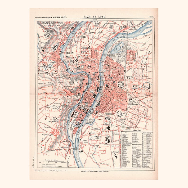 Antique City Plan of Lyon – Steel Engraving – 1897 – Malte Brun - Etsy