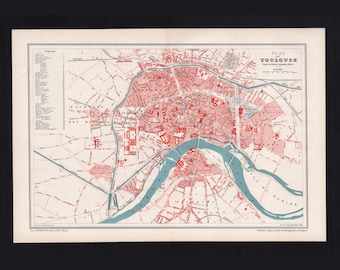 Antique Map France Toulouse 1896 City Plan by de la Brugere – Original 19th Century Steel Engraving Hausermann