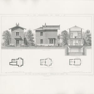 Gravure - Parc des Buttes Chaumont - Pavillon des gardes (1867) - E. Hochereau - Planche Architecturale ancienne