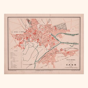 Ancien plan de Caen (1880) / Carte ancienne authentique / 31 cm x 23,2 cm