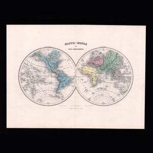 May include: An antique world map print titled MAPPE-MONDE OU DEUX HÉMISPHÈRES featuring two circular hemispheres. The continents are colored in blue, yellow, green, and pink against a cream background with detailed black ink geographical labels.