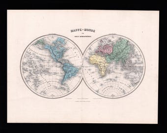 1877 World Antique Map Migeon – Two Hemispheres World Map Steel Engraving