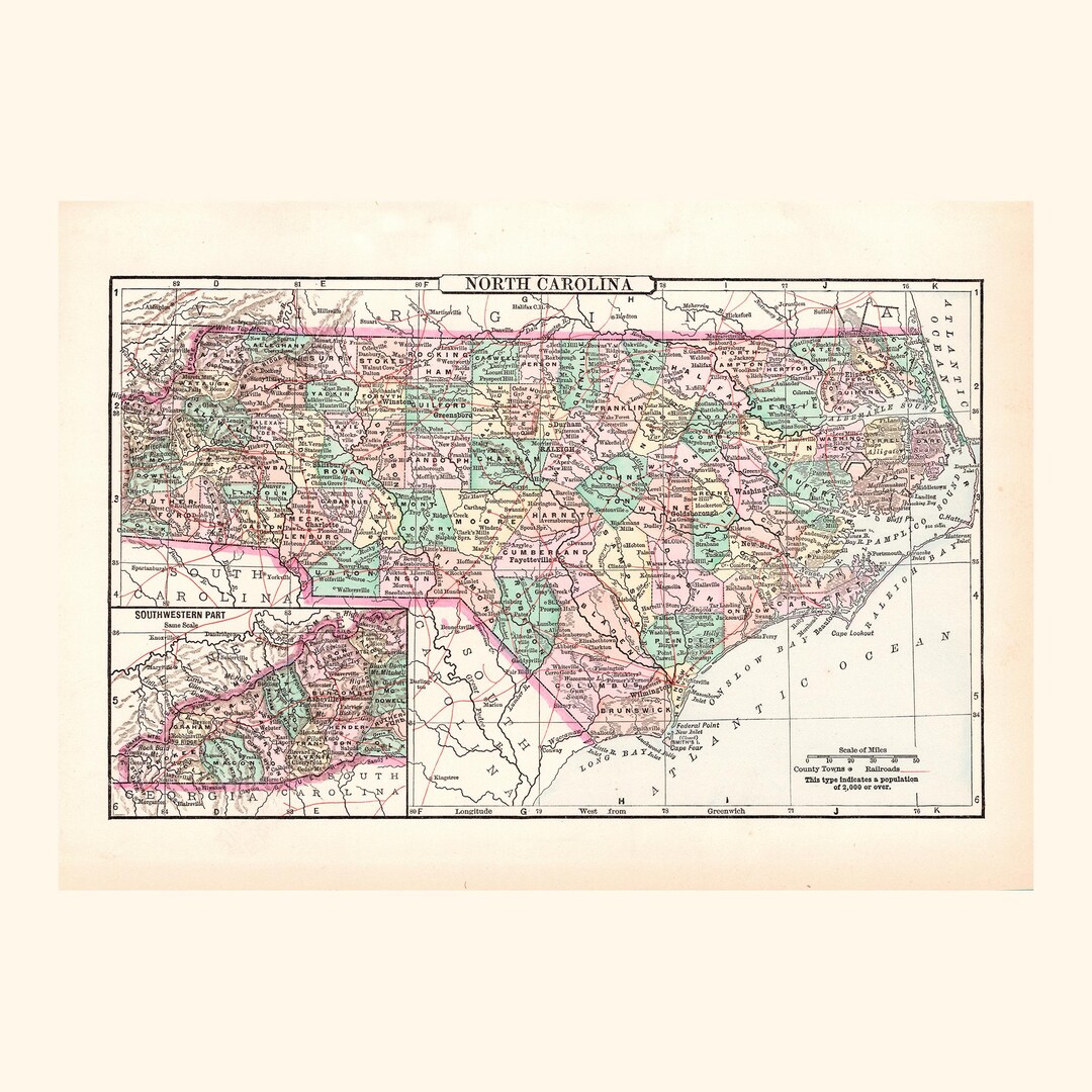Antique Map of North Carolina 1896 / Old Map of North Carolina 1896 - Etsy